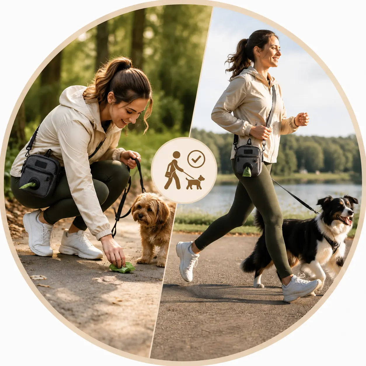 Dog walking crossbody bag staying close during an active walk