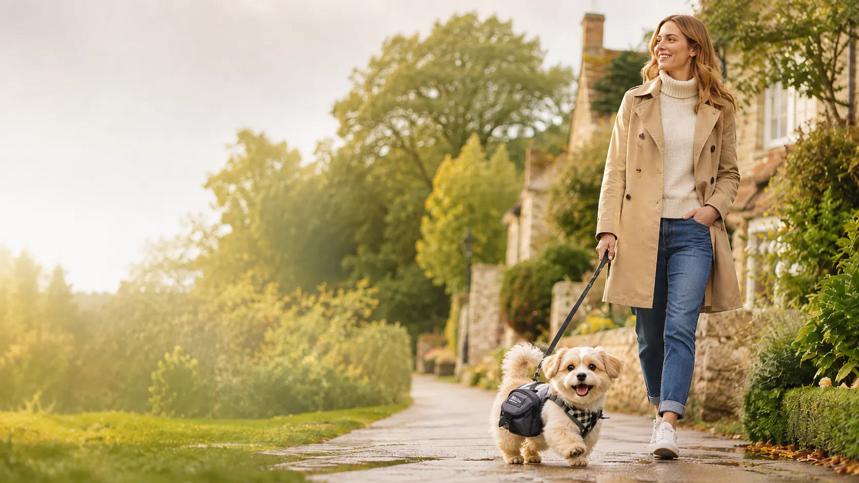 Happy dog owner enjoying an outdoor walk with their dog.