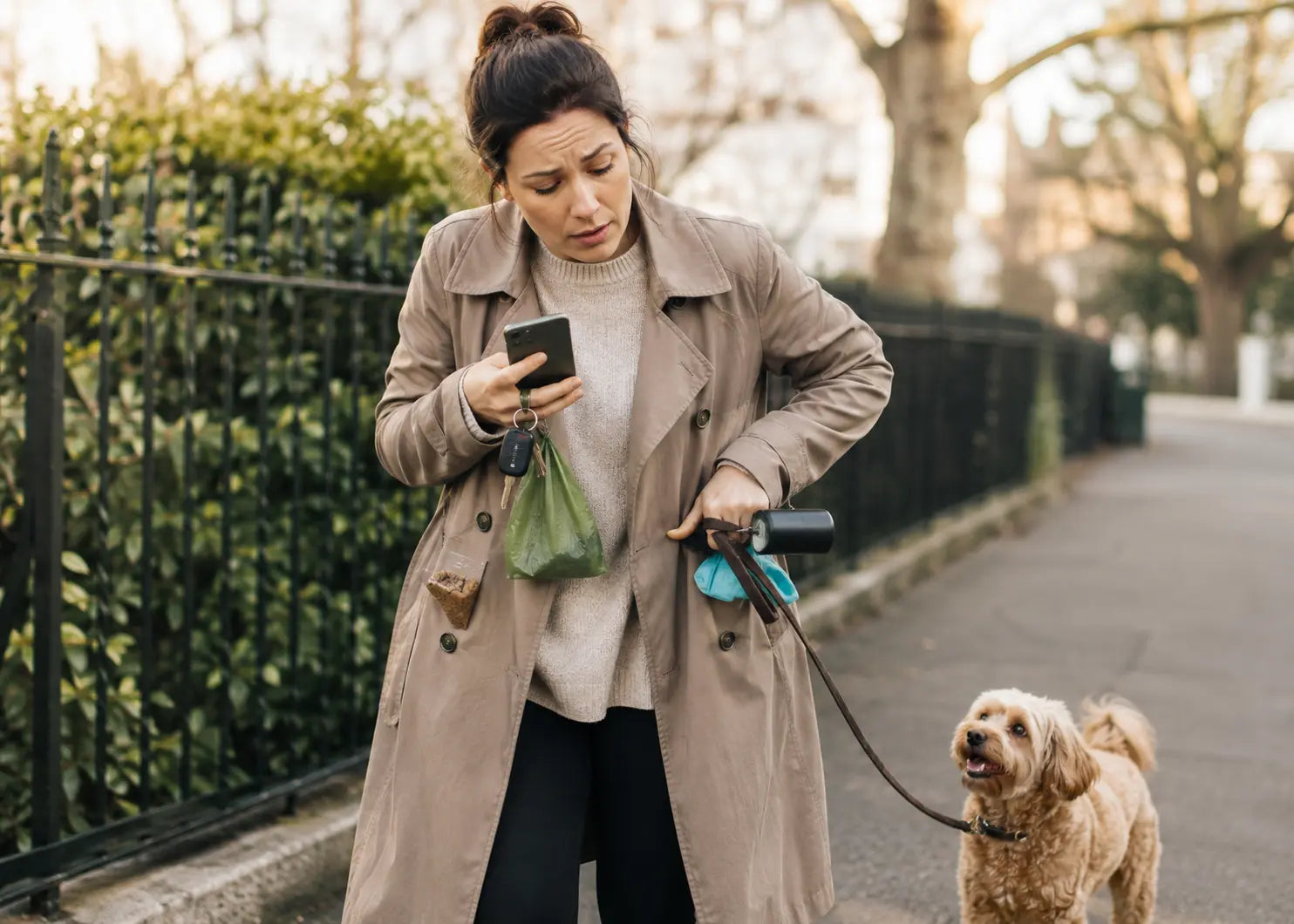 Dog walking essentials including treats keys phone and poo bags.