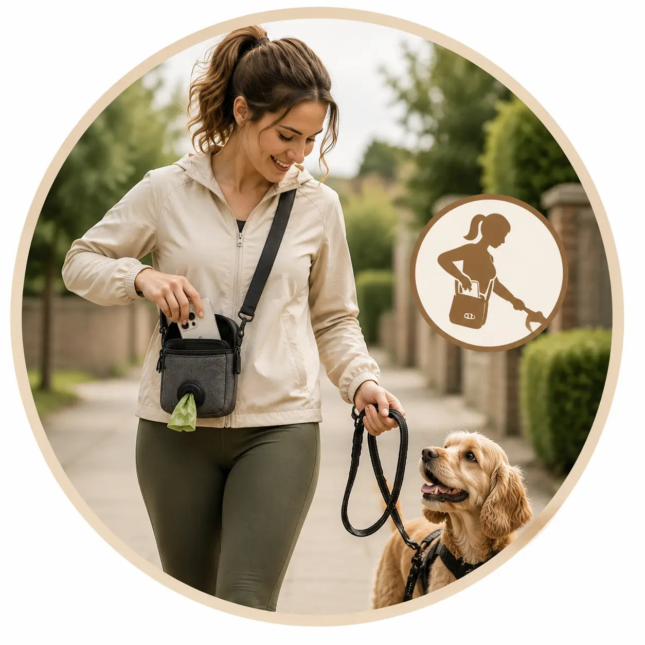 Dog owner taking a phone from a separate compartment in a dog walking bag