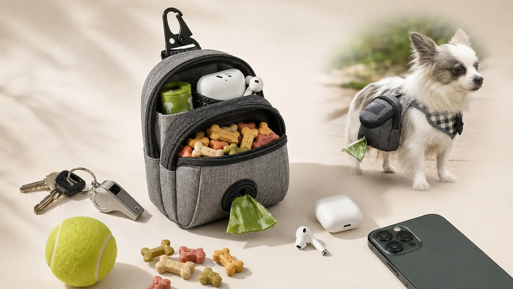 Dog walking bag carrying phone treats keys and walking essentials