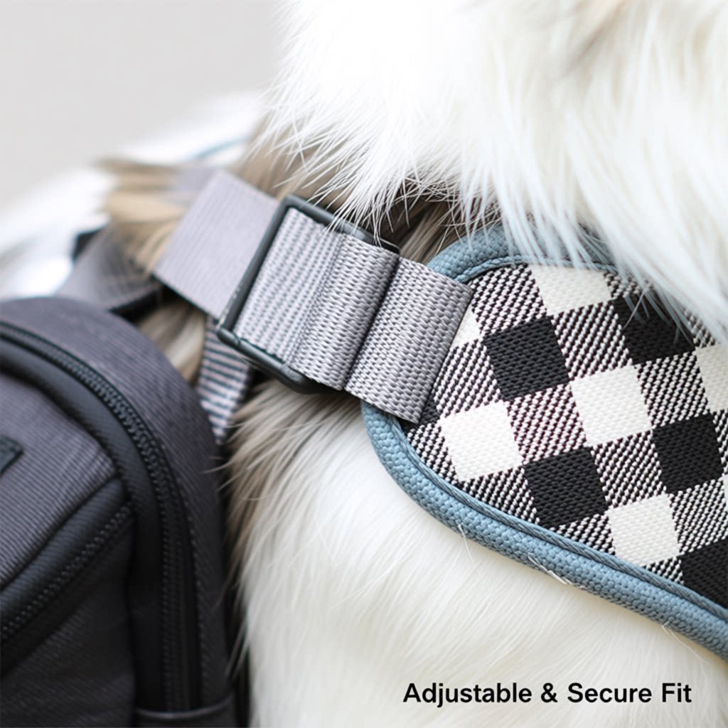 Close up detail of adjustable strap on dog backpack