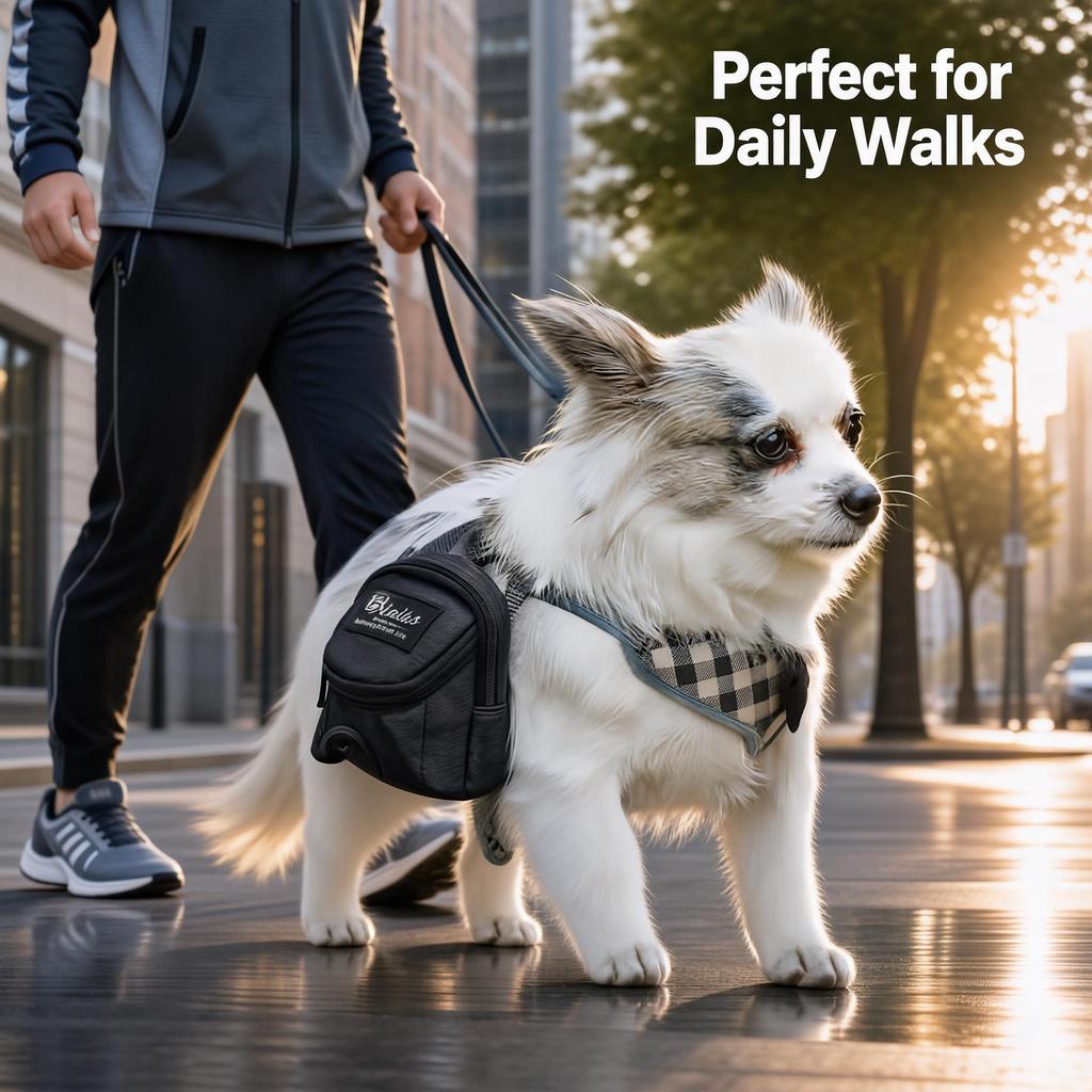 Dog wearing backpack during a daily outdoor walk with owner