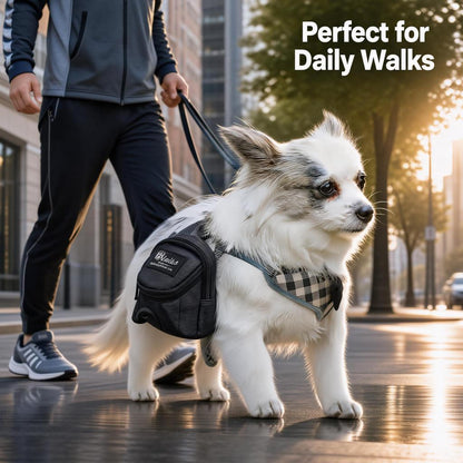 Dog wearing backpack during a daily outdoor walk with owner