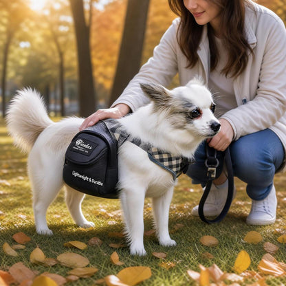 Dog owner using a backpack accessory for outdoor park walks