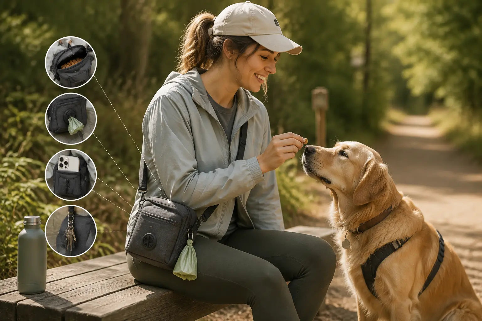 Dog walking bag carrying phone treats keys and walking essentials.