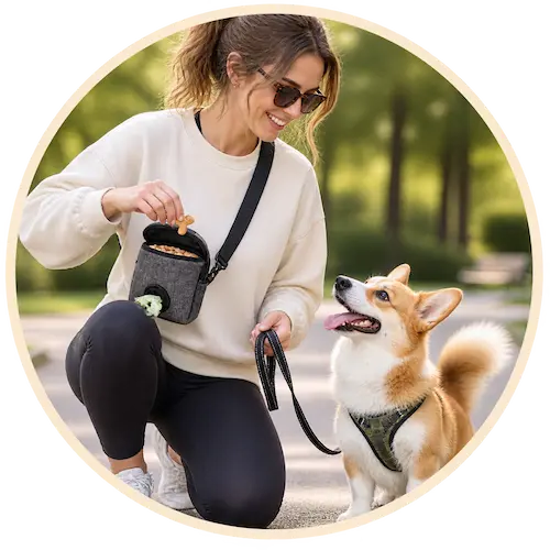 Dog owner taking treats from a dog walking bag with one hand